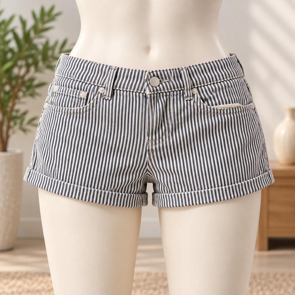 H&M Striped Denim Shorts Womens 4 Black White High Waisted Cuffed Casual